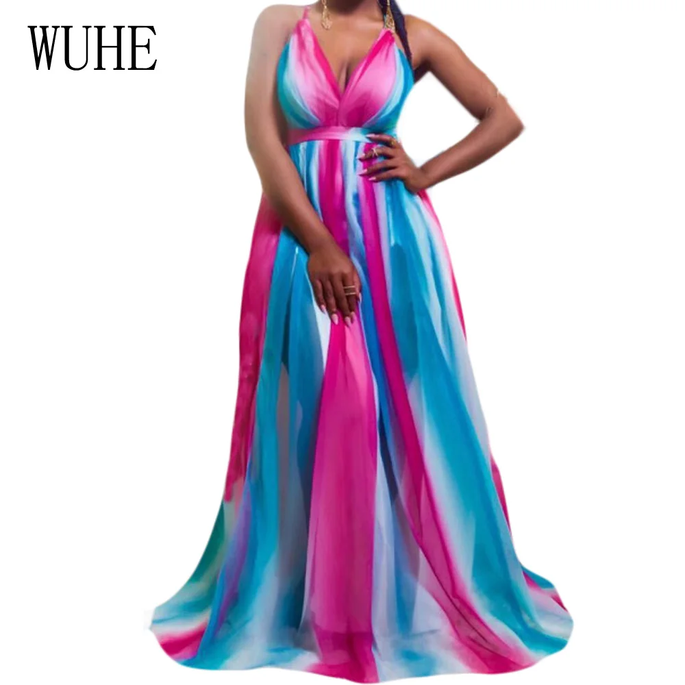 

WUHE Sexy Halter Backless Gradient Chiffon Dress Women Deep V Neck Vintage Maxi Dress Summer Elegant Party Beach Long Dresses