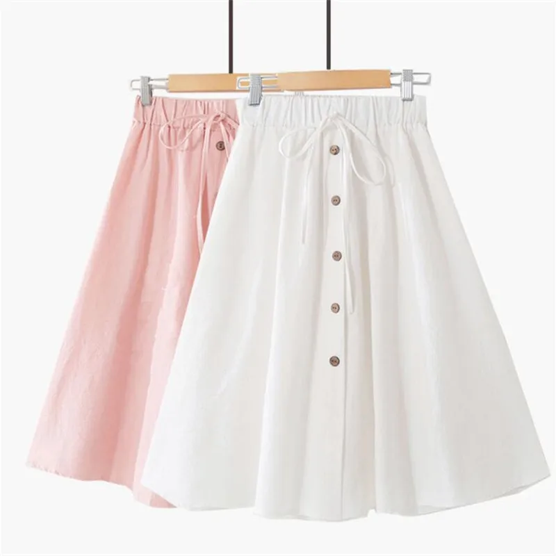 

Cotton Linen Bow Skirt High Waist A-line Skirts Women 2019 Summer New Arrivals Single Buttons Solid Skirt Plus Size 5XL 6XL 7XL