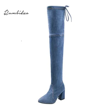 

Rumbidzo 2018 New Women Boots Blue Jeans Women Over knee high boots high heels denim chunky heels lace up Square bootie