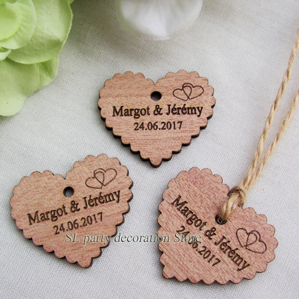  30/50/100pcs Personalized Engraved Wedding Name and Date Wooden Heart Tag Gift Favor Tag Bridal Sho - 32803502711