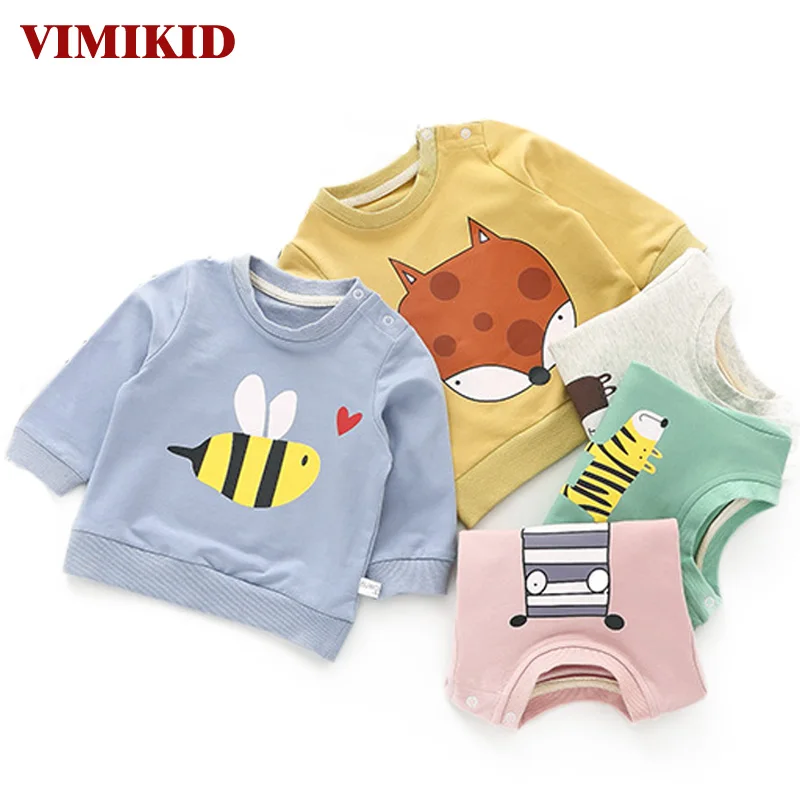 Vimikid Одежда для малышей футболка осень 2017 г. теплый мультфильм животных с длинными рукавами теплая хлопковая Футболка с круглым вырезом