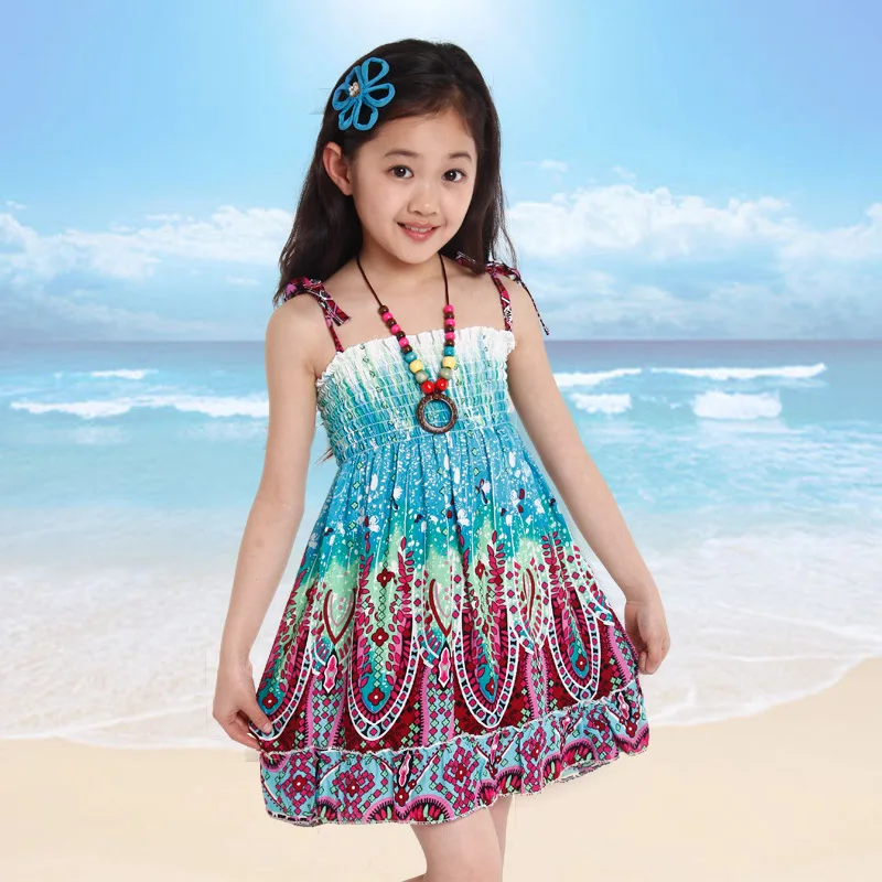 2016 Summer Kids Sleeveless Bohemian Dress For Beach Big Kids Floral