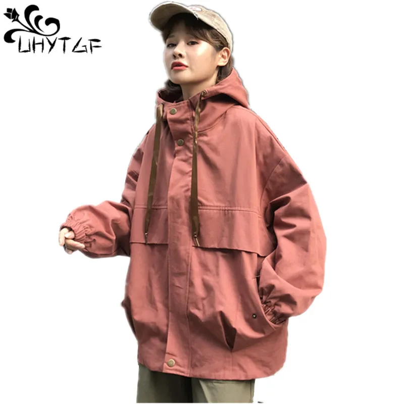 

UHYTGF Women Basic Jackets Plus size Loose Hooded coats tops Spring Autumn splice Jacket Female Casual Long Sleeves Coats X265