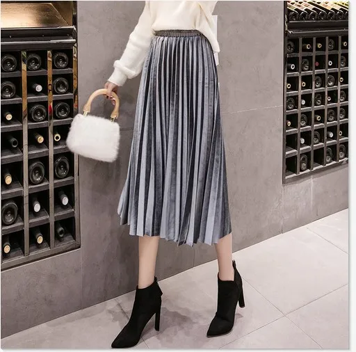 2019 Autumn Winter Velvet Skirt High Waisted Skinny Large Swing Long Pleated Skirts Metallic Plus Size Faldas Saia Fashion Femal 2019 Autumn Winter Velvet Skirt High Waisted Skinny Large Swing Long Pleated Skirts Metallic Plus Size Faldas Saia Fashion Femal