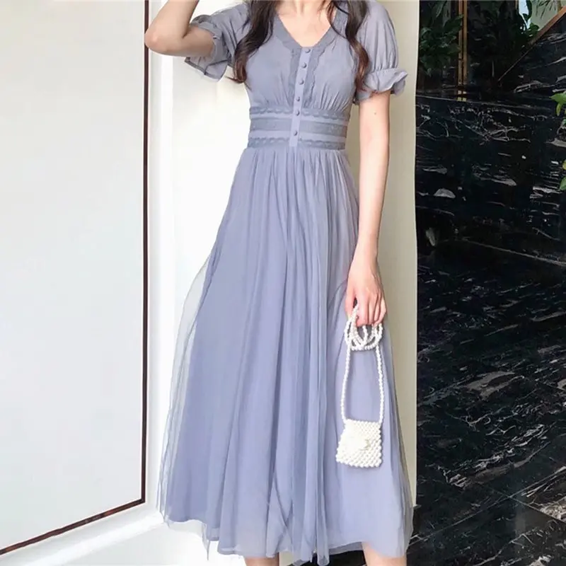 

Elegant Office Ladies France Style Pink Sweet Korean Style Women Midi Dresses Vintage Lace Button High Waist Female Chic Dress