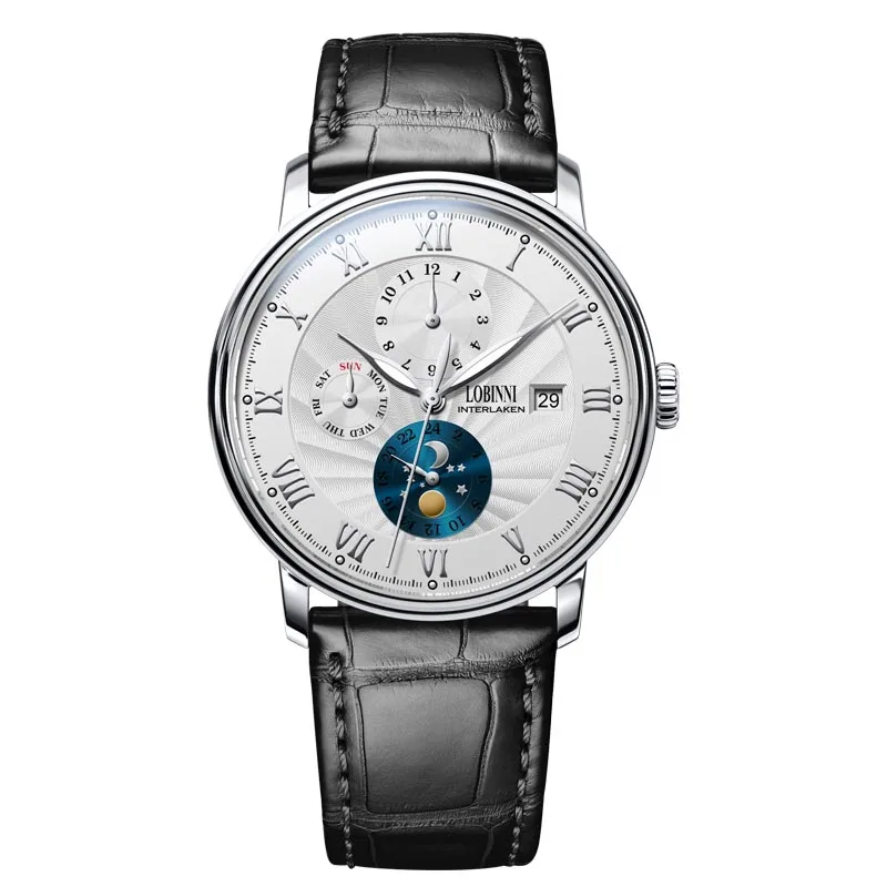LOBINNI Moon Phase часы люксовый бренд часы автоматические механические наручные часы 50bar водонепроницаемые светящиеся полностью стальные мужские часы - Цвет: White Black