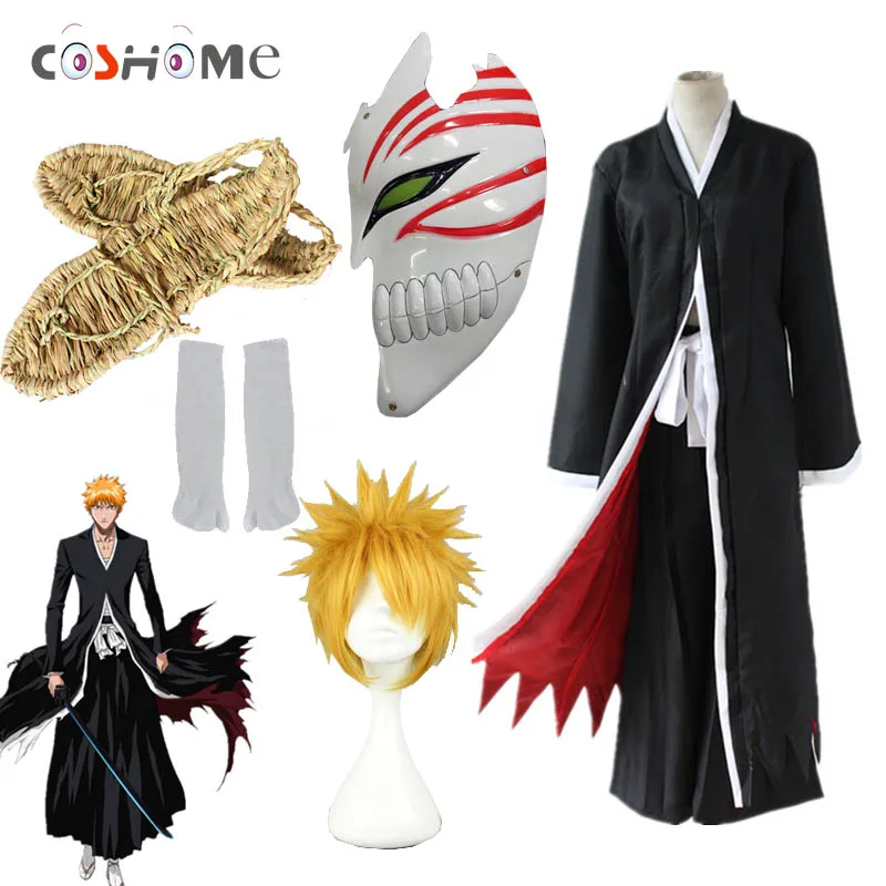 Coshome Bleach костюмы для косплея Ichigo Kurosaki парики Ichigo мужской черный плащ с соломенными сандалиями шотландские маски топы и брюки набор