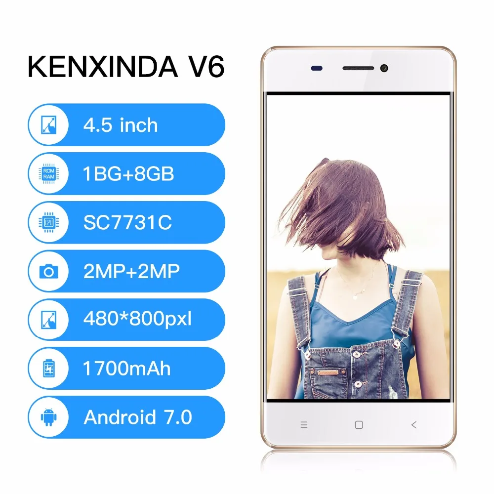 Смартфон KENXINDA V6, 4,5 дюймов, Android OS V 7,0, четыре ядра, 1,2 ГГц, 1 ГБ ОЗУ, 8 Гб ПЗУ, 1700 мАч, 3G, две карты, мобильный телефон