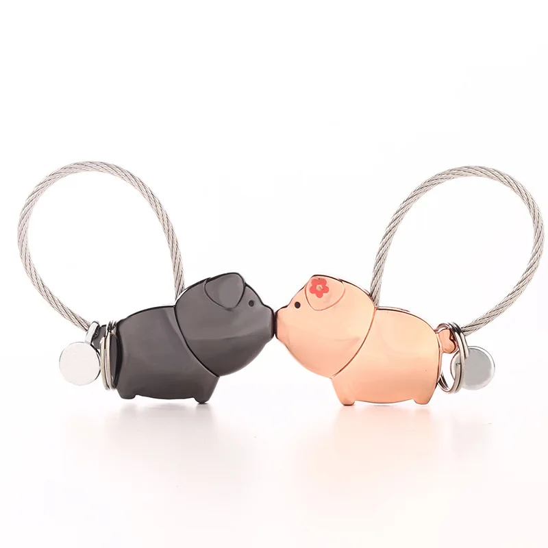 

Cute Animal Kiss Pig A Couple Keychain for Lover Women Key Holder Wire Rope Keyring Gift Pendant Trinkets Llaveros Porte Clef