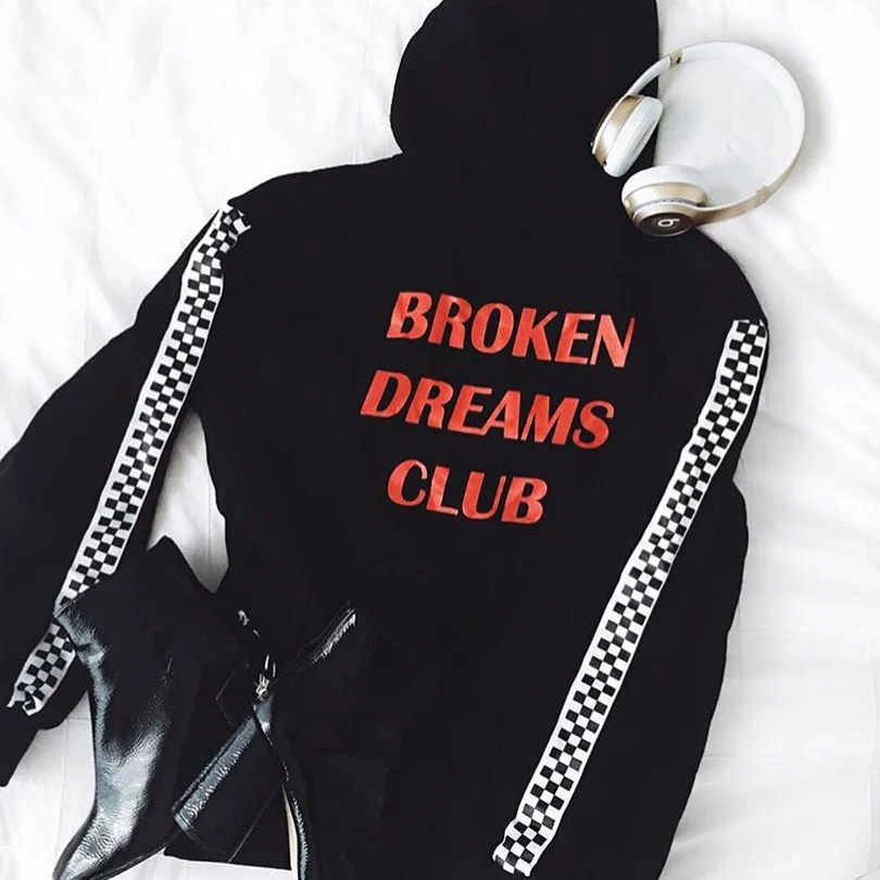 

Punk Harajuku Checkerboard Pattern Sleeve Broken Dreams Club Hoodies Women Loose Outerwear Unisex Pullovers Sweatshirts