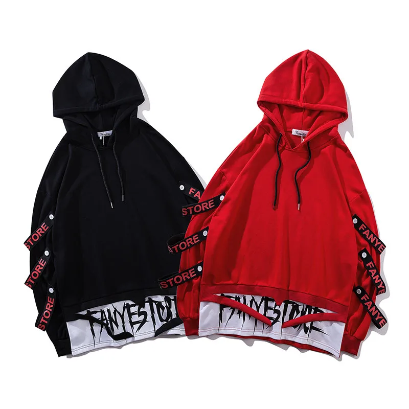  Aolamegs Hoodies Men Fake 2 Pieces Ribbons Hooded High Street Pullover Sweatshirt Men Fashion Hip H