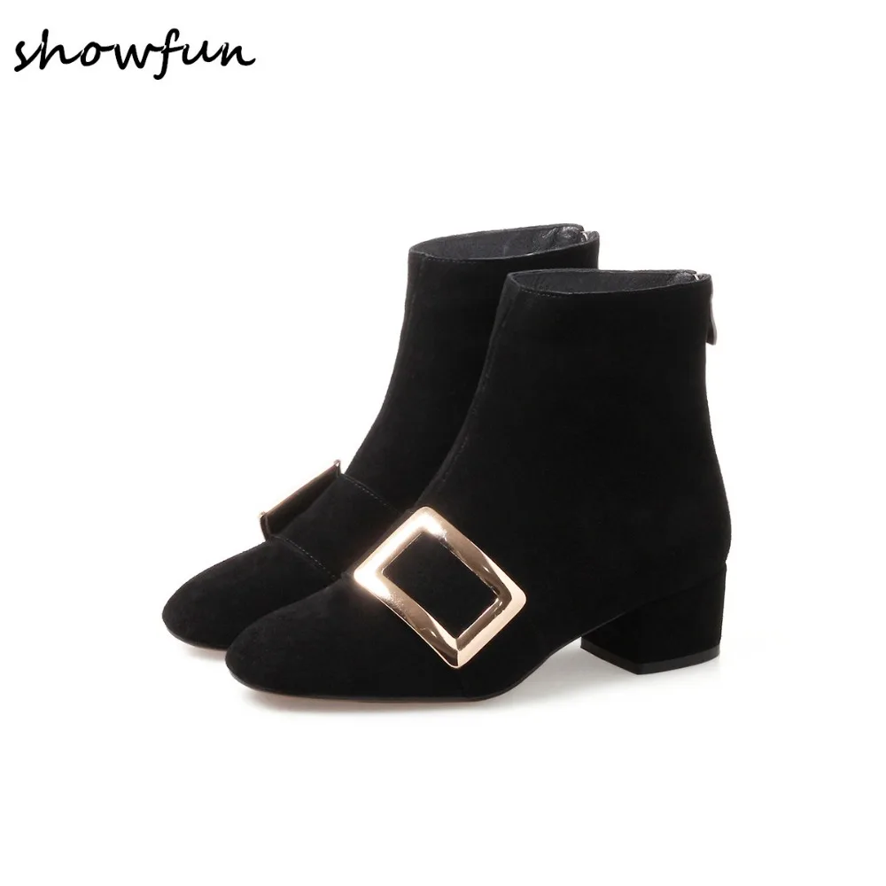 

Women's genuine suede leather big metal buckle autumn winter ankle boots brand designer low heel comfortable short booties shoes