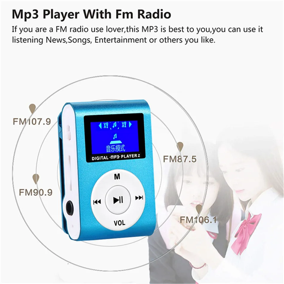 FM MP3 Player LCD Screen Metal Mini Clip Music MP 3 Radio Support Micro TF/SD Slot Portable Player Sport mp3-player