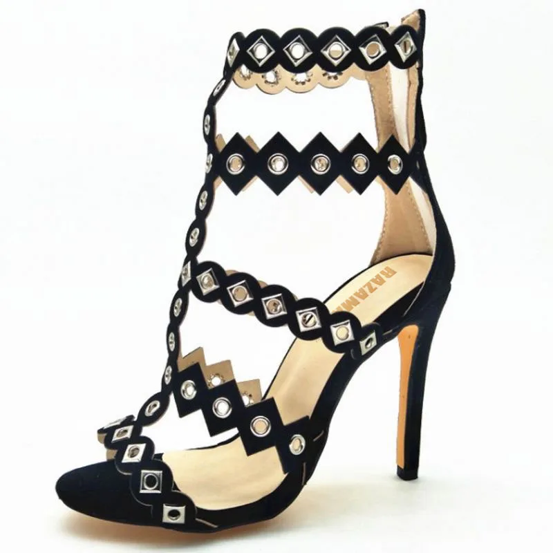 Gladiator Nieten Schwarzes Peep Razamaza Dünne Zipper Größe Neue Frau Sandalen 34 Schuhe Heels Partei Design 43 Toe Frauen BBOwC0