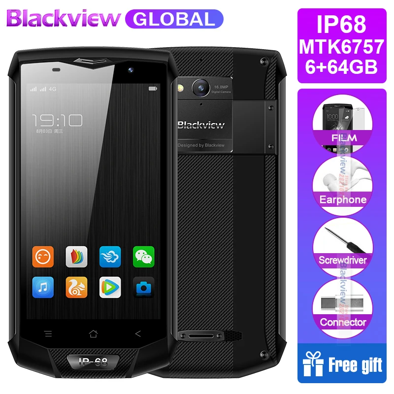 

Blackview BV8000 Pro Mobile Phone IP68 Waterproof Android 7.0 5.0"FHD MTK6757 Octa Core 6GB+64GB 16MP Side Touch NFC Smartphone