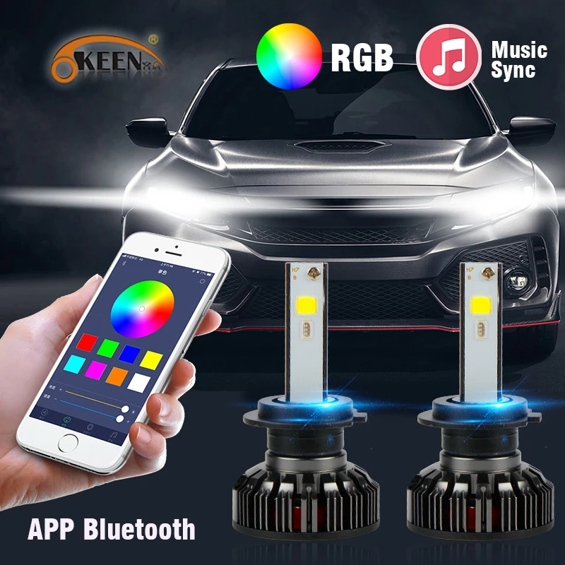 

OKEEN 2x Car RGB LED Headlight H1 H3 H4 H7 H8 H11 9005 9006 H13 9012 5202 LED Bulbs APP Bluetooth Control Multi-color 50W 7600LM