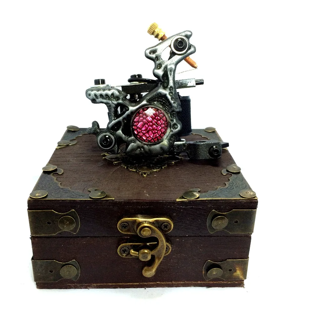

Red Stone 10 Wrap Coils Steel Frame Coil Tattoo Machine Gun for Liner Shader with wooden Tattoo box