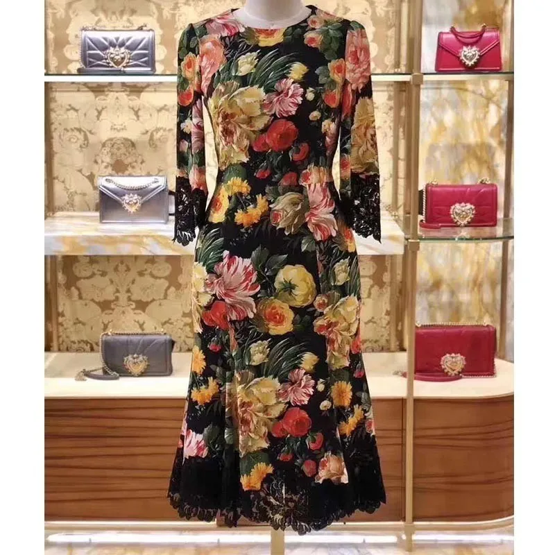 

SE Summer Silk Lace Floral ElegantDress Flare Sleeve Vintage Print Party Dresses Autumn Fashion Runway Vestidos Robe Femme