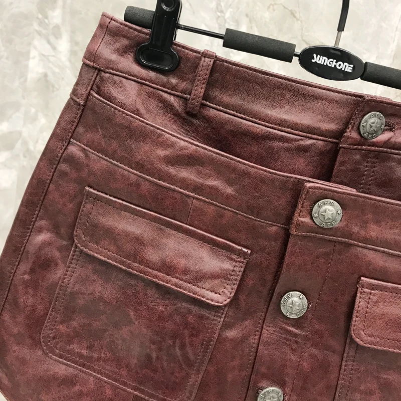 2019 New Leather  Vest Shorts Suit Female Spring and Autumn Wine Red Leather  Two-piece Real Leather Vest  Jacket Women