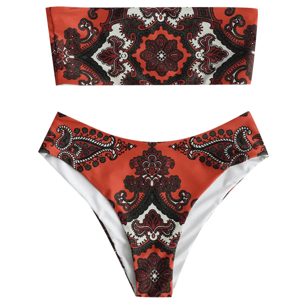 

Swimwear women Women's Vintage Floral Printed Strapless Strapless Bikini Set bikini 2019 swimsuit