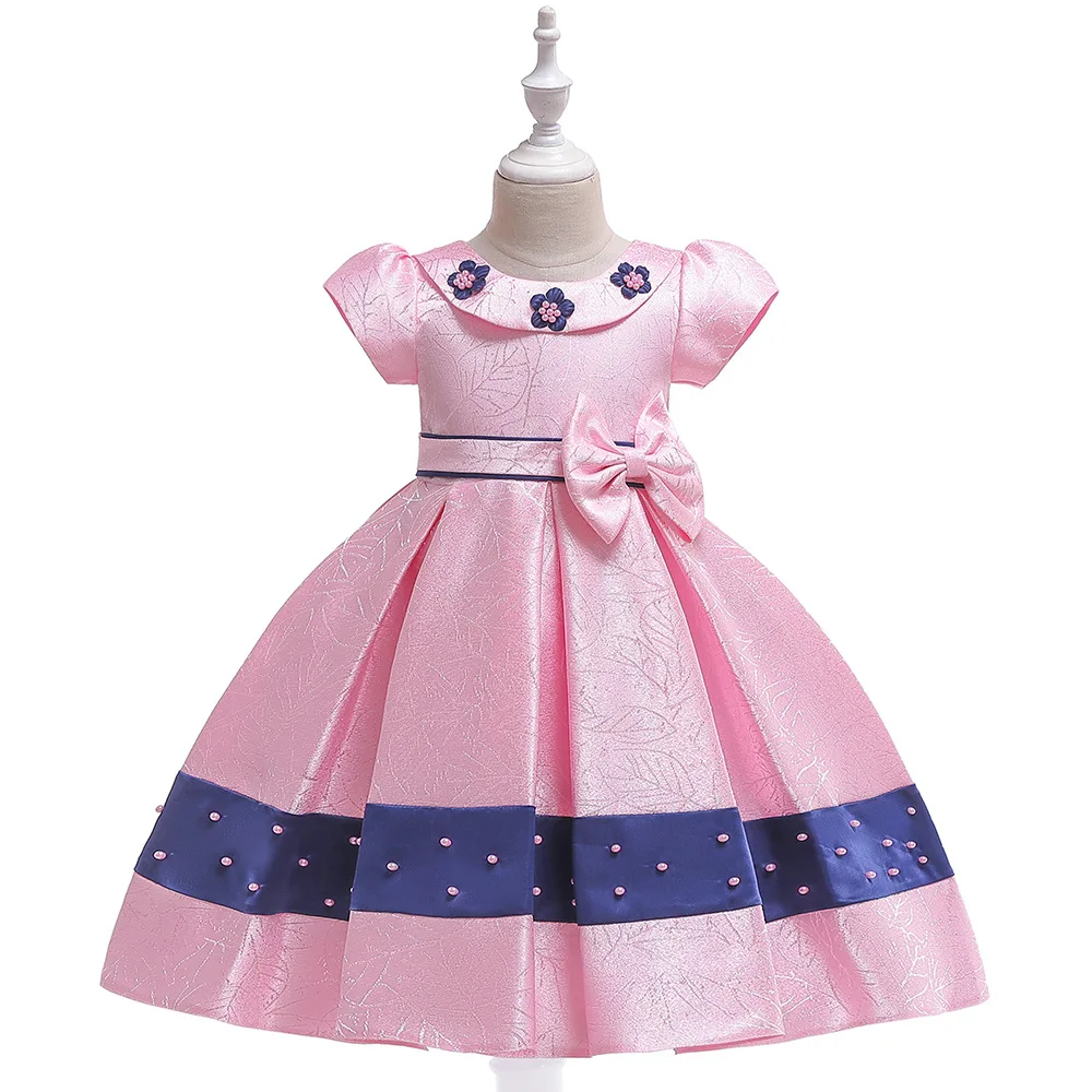 

New Style Girl Wedding Party Dress Girl Flower Dresses Sweet Floral Bow Striped Decoration Little Girls Banquet Prom Ball Gwns