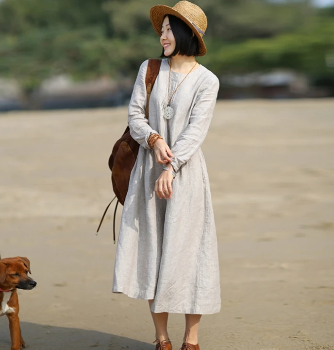 

Spring and Summer 2019 Long Flax Round-necked Loose Dresses 17393-77