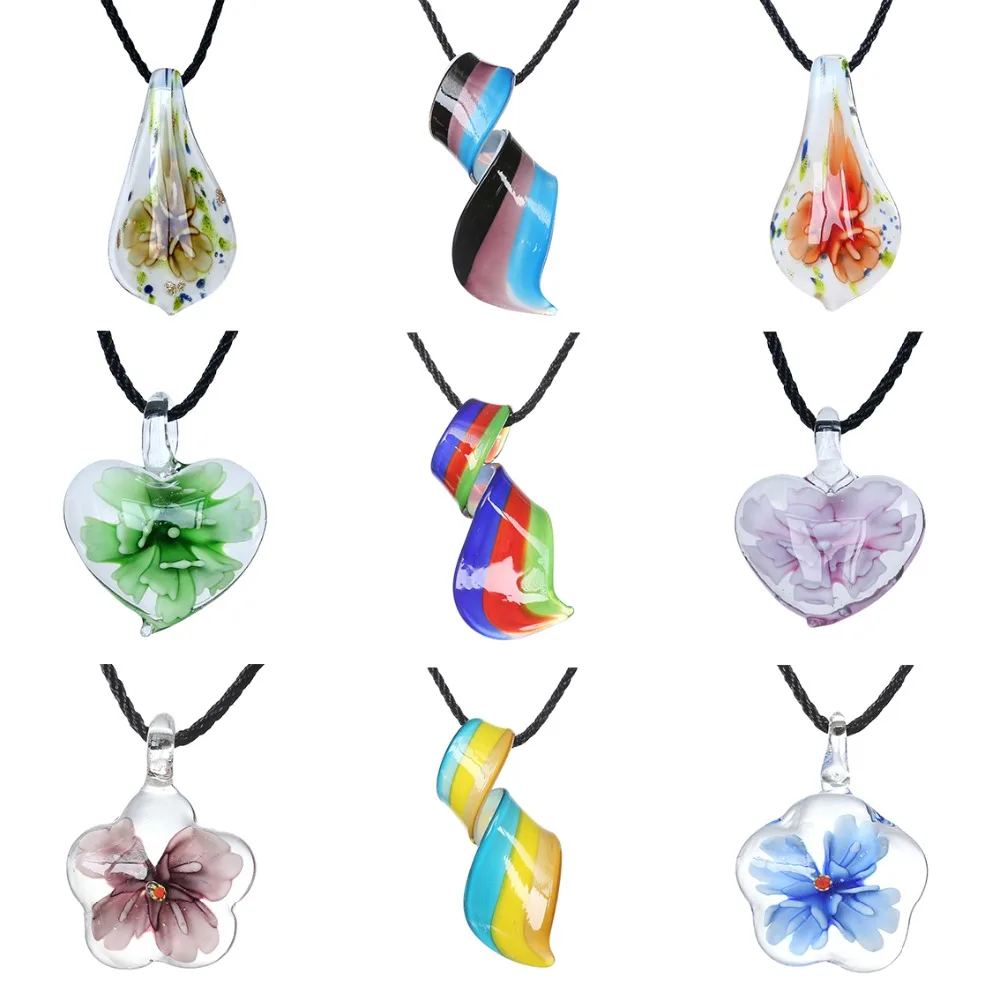 

Rinhoo New Fashion Colorful Glass Pendent Neckalce Heart Water Drop Flower Stripe Pendents Leather chain Women Hot Jewelry Gifts