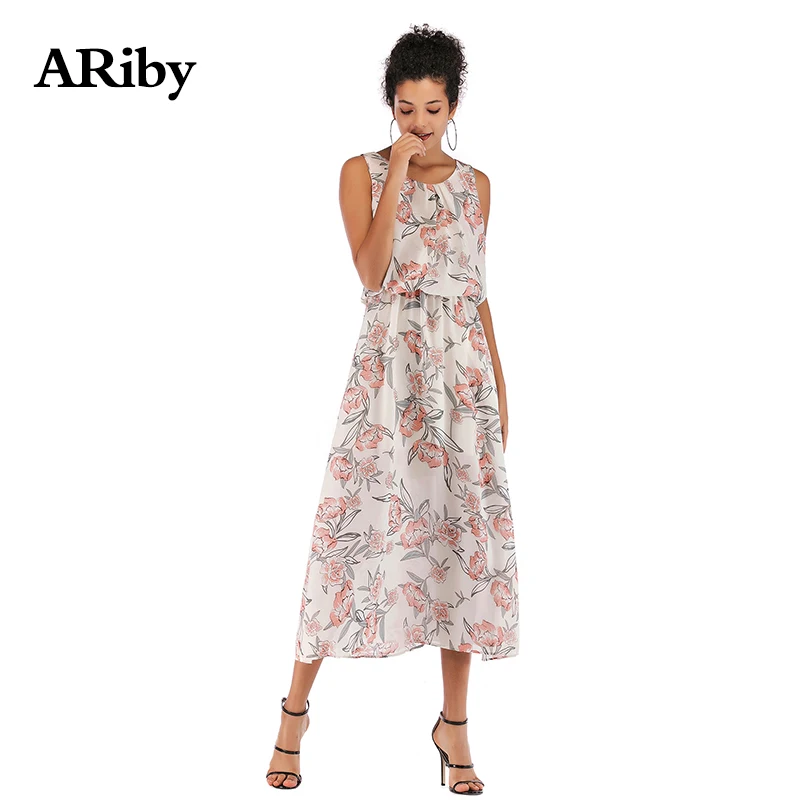 

Summer Dress Women Round Collar Maxi Dresses 2019 New Fashion Casual Ladies Printed Mid-long Slim Chiffon Sleeveless Loose Dress