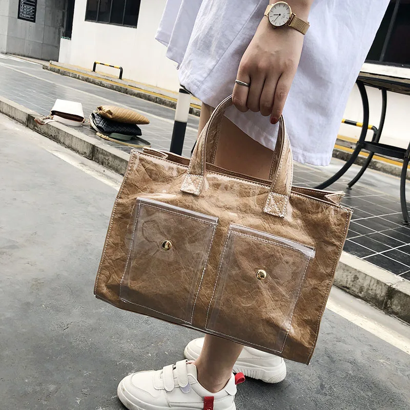 

Large Capacity PVC Transparent Adjustable Strap Kraft Paper Messenger Bag Handbags Women Brand Designer Women 2019 White Color