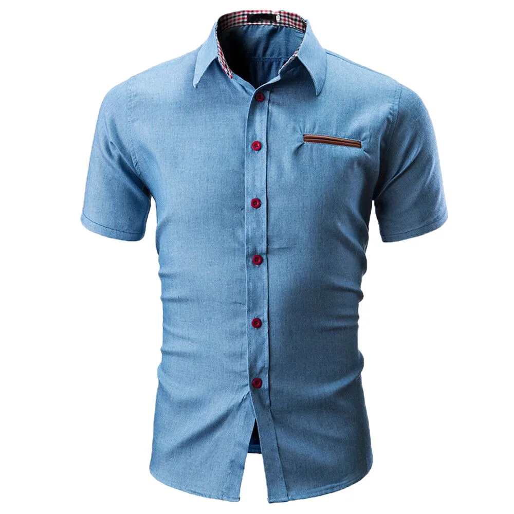 Летние Для мужчин Повседневное футболка с коротким рукавом в клетку Chemise Homme сплошной Цвет Бизнес Slim Fit офисные рубашки Блузка Топы Camisas мужской - Цвет: Blue
