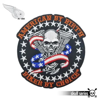 

CLASSIC AMERICAN BY BIRTH BIKER BY CHOICE SKULL FLAG EMBROIDERED IRON ON PATCH METAL PUNK SEW ON BIKER VEST