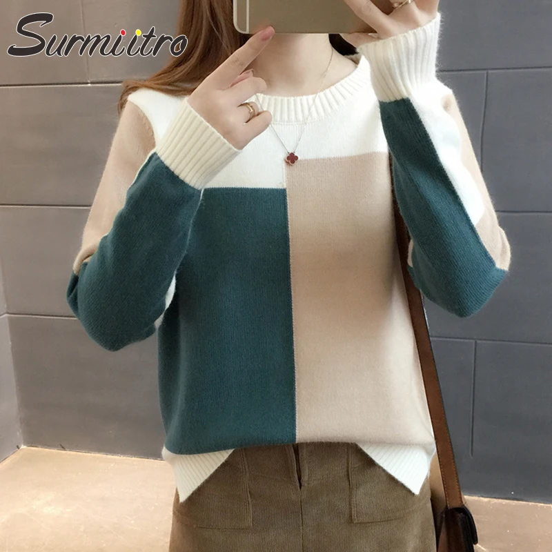 Surmiitro سترة النساء لفصل الشتاء 2018 أزياء الخريف خليط محبوك طويلة الأكمام السترة الإناث التريكو الطائر سحب فام