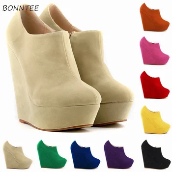 

Boots Women Trendy Elegant Wedges Zipper Shoes European Style Solid Womens Plus Size Boot Female Simple Casual flock booties