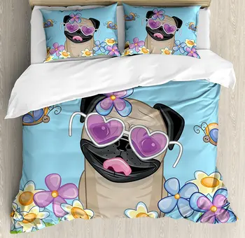 

Pug Duvet Cover Set , Adorable Puppy on the Field Flowers Butterflies Heart Shaped Clouds Open Sky, 4 Piece Bedding Set