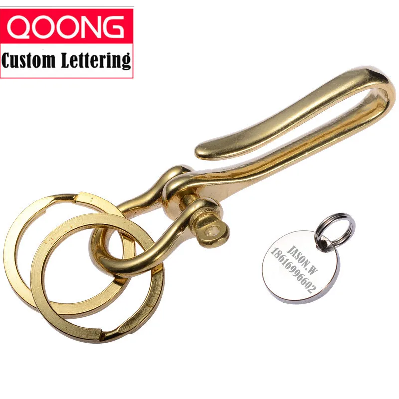 QOONG 2018 Vysoce kvalitní dva prsteny Luxusní čistě ručně vyráběná mosazná klíčenka do auta Řemínek pro muže Řemínek na klíče Držák pasu Klíčenka na krk QZ6-002