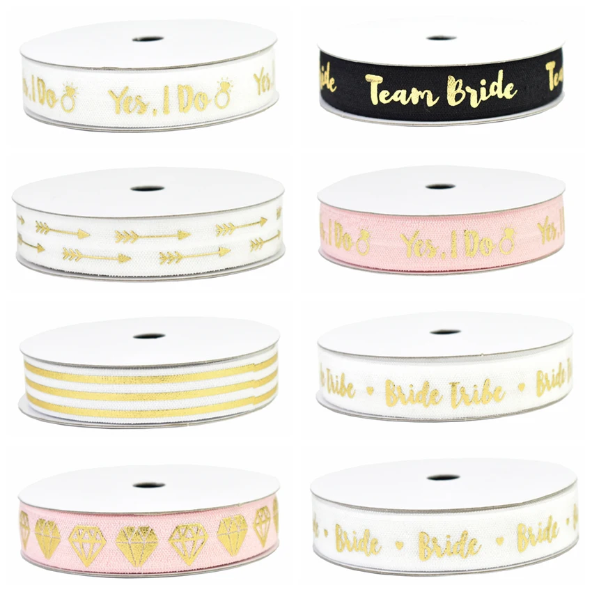

HSDRibbon 16MM gold foil bride series printed on fold over elastic Wedding decoration DIY elastic hair ties 5Yards/Roll