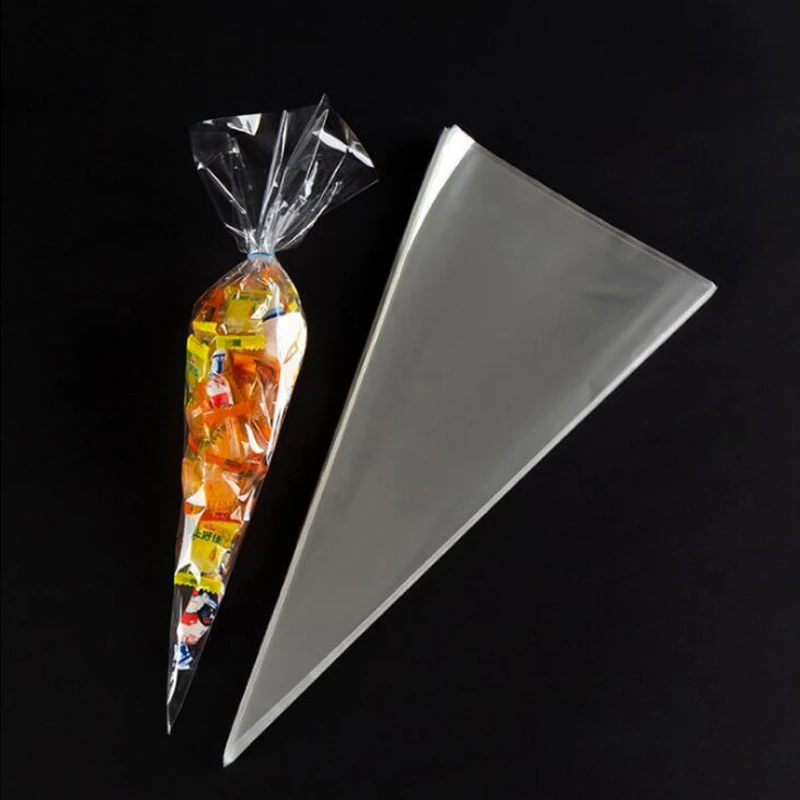 

HOHOGOO 100pcs/lot Transparent Cone Candy Bags DIY Cookie Baking Packaging Wedding Favors Birthday Halloween Decoration
