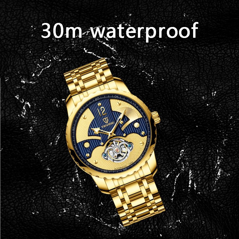 Tevise Men's Automatic Mechanical Watches Men Luxury Brand Waterproof Skeleton Tourbillon Gold Male Wristwatch Relogio Masculino