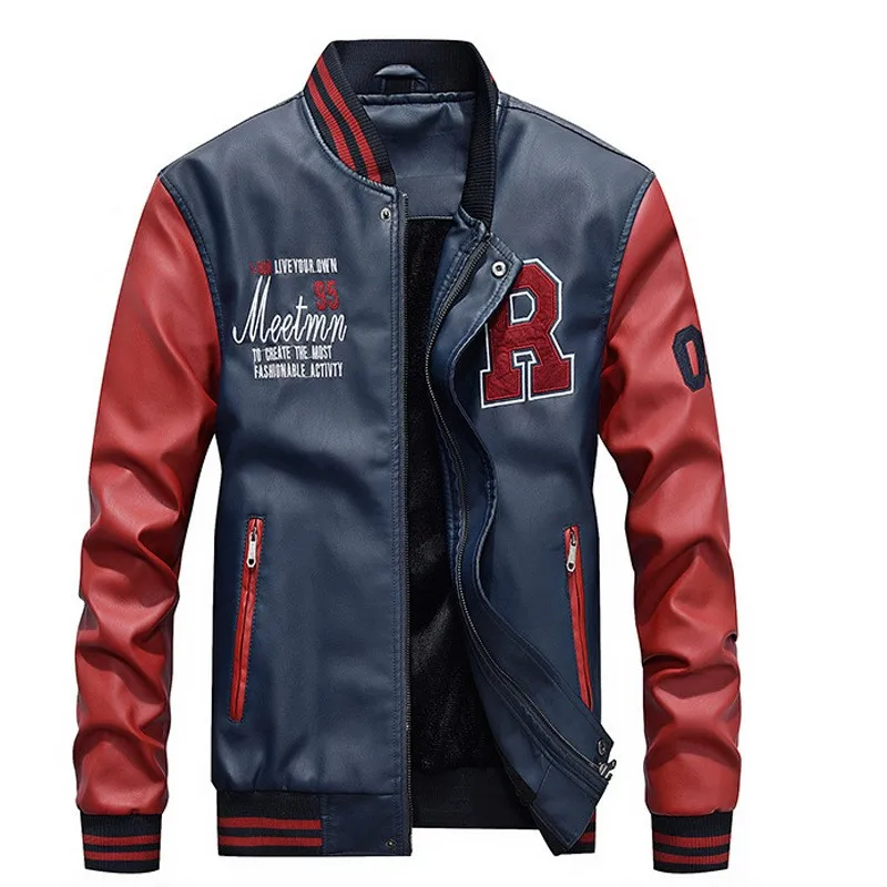 Günstig Jacke Männer Stickerei Baseball Jacken PU Leder Mäntel Slim Fit College Luxus Fleece Motorrad Pilot Jacken Casaco Masculino