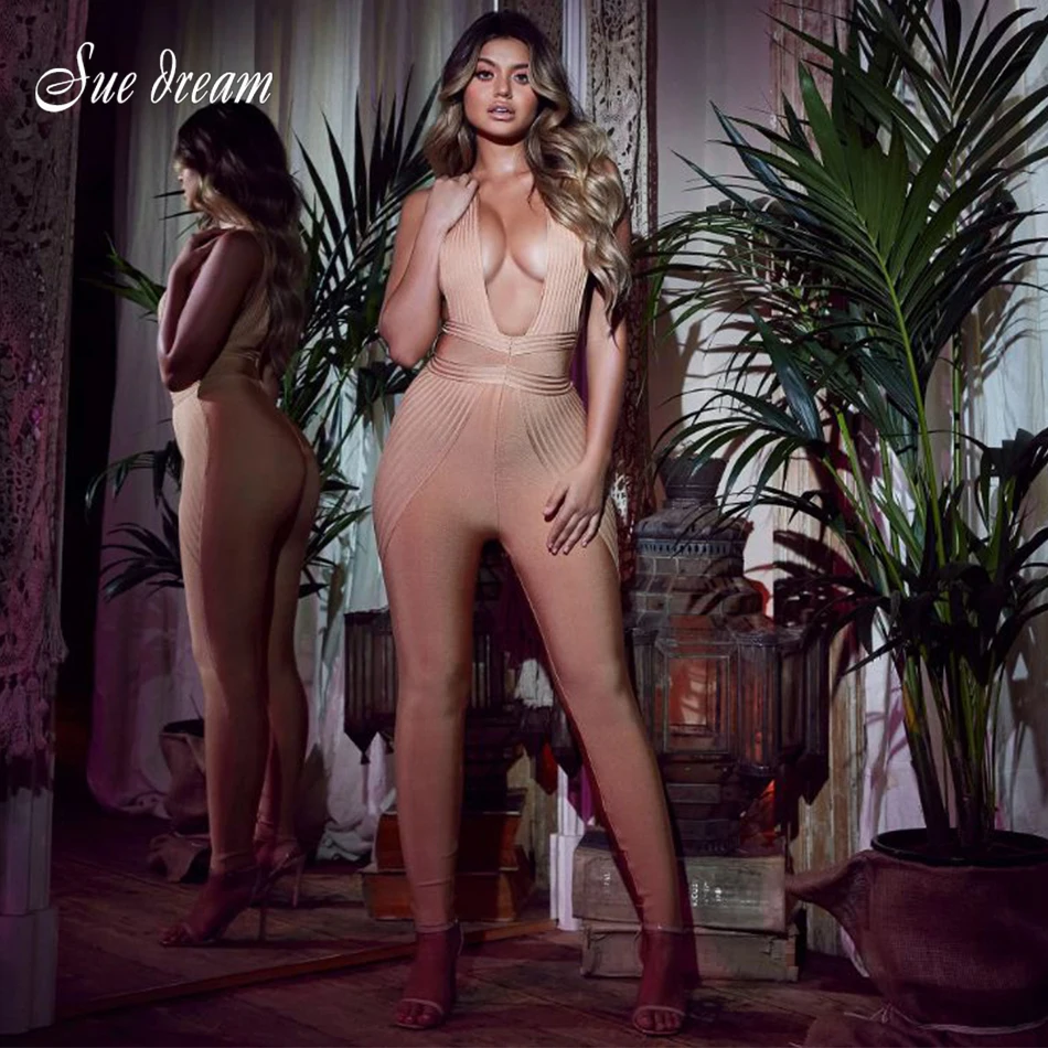 

Summer women's overalls 2019 new khaki red sexy V-neck bandages sleeveless halter jumpsuit zipper tights women's jumpsuit