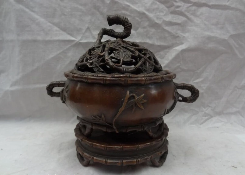 

song voge gem S3160 8" Tibet Bronze Buddhism Bamboo Knit Shape Statue Box Incense Burner Censer