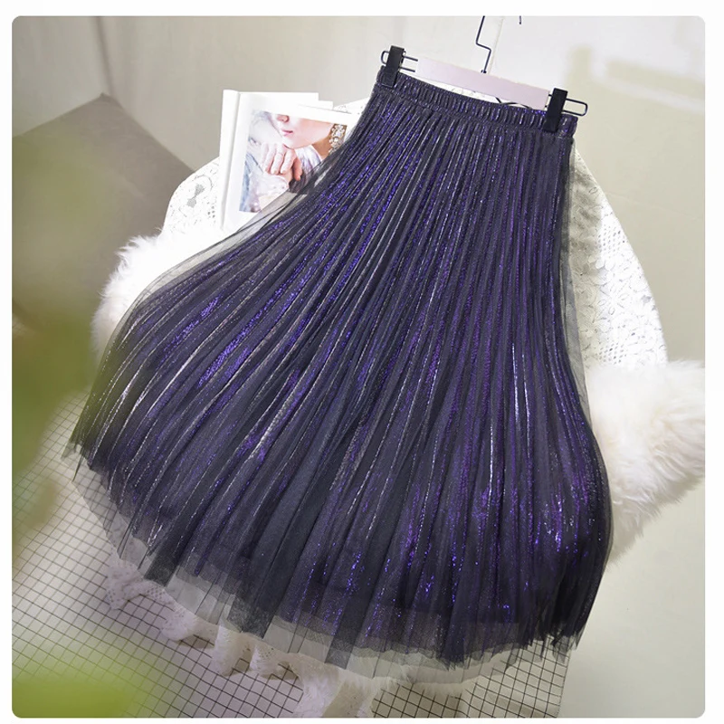 Women's 3 Layer Bright Tulle Skirt Ladies Korean High Waist Shining Tutu Skirt Pleated Mesh Midi Skirts Faldas Autumn