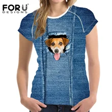 FORUDESIGNS Denim 3D Dog Cat T-Shirt Women Tees Cloth High Quality Vogue Causal Summer T Shirt For Female Clothes Crop Top 2017