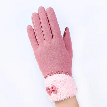 

Winter Women Gloves Screen Sensor Fittness with Leather Bow Lace Elegant Warm Mittens Fashion Female