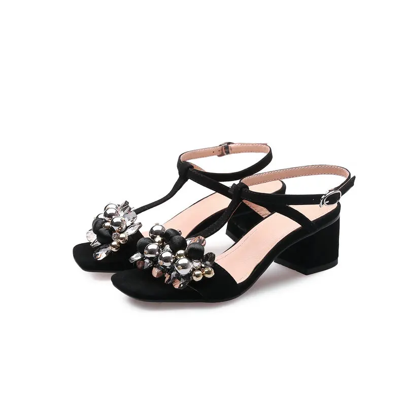 Женская обувь из натуральной кожи; сандалии с ремешками на лодыжках в богемном стиле с цветочным узором; Летняя женская обувь для свадебной вечеринки - Цвет: Черный