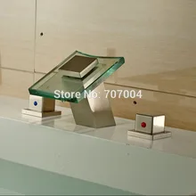 Недавно Палуба Гора Матовый Никель Бассейна Раковина Кран Двойной Ручки Водопад Стекла Раковины Ванной Комнаты Смесители
