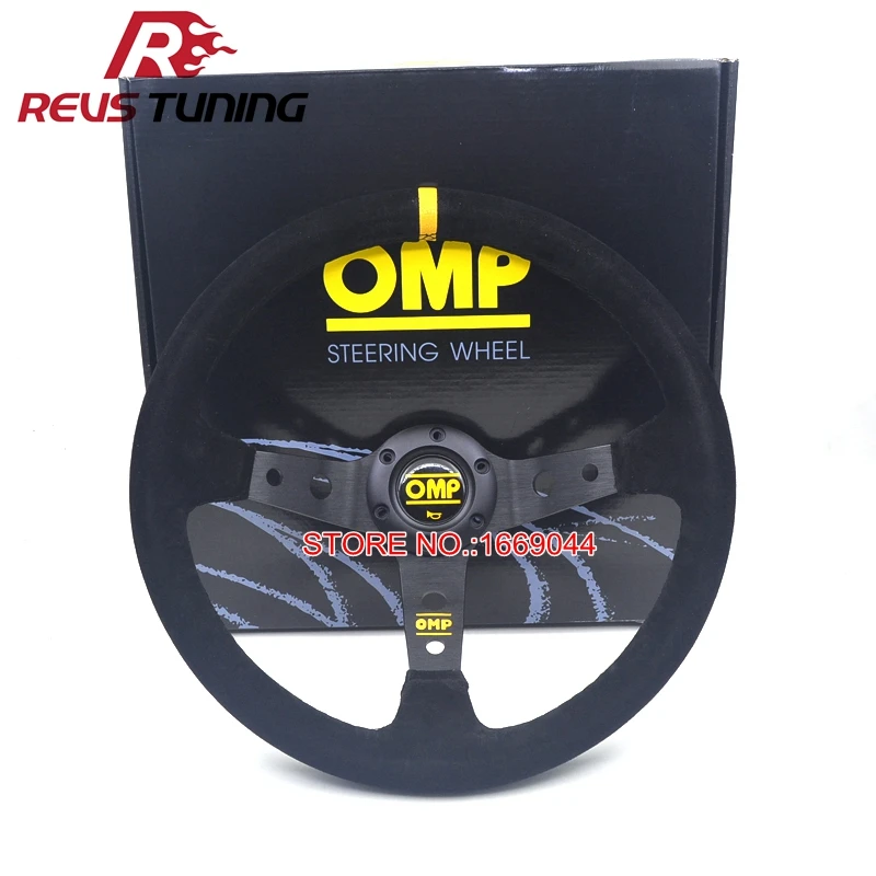 

350mm Deep Dish Black Spoke Car Racing Sport OMP Suede Steering Wheel