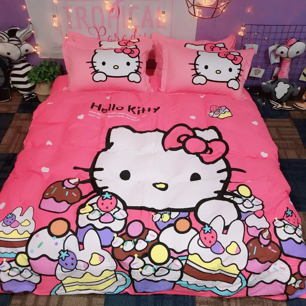 Рисунок «Hello Kitty» печатных Постельное белье для девочек/Дети Карамельный цвет хлопок пододеяльник плоский лист наволочка Twin queen king спальное место для кошки