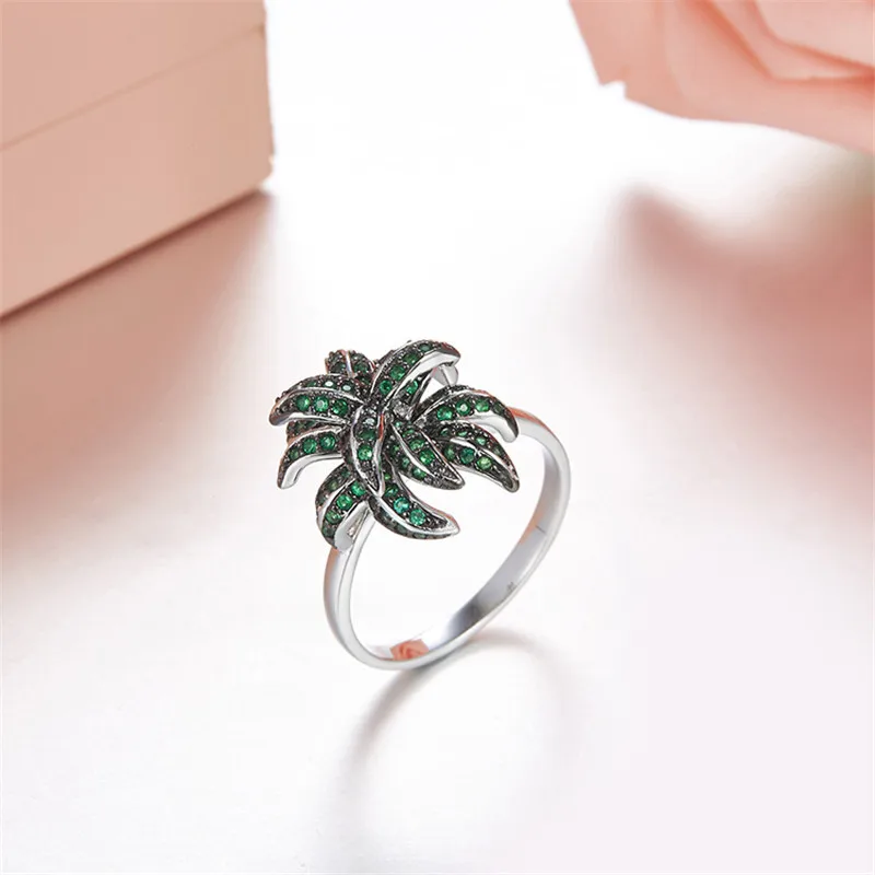 

Luxury 925 Sterling Silver Coconut Palm Tree Rings AAA Green Cubic Zirconia France Monaco Brand Women engagement Ring Jewelry