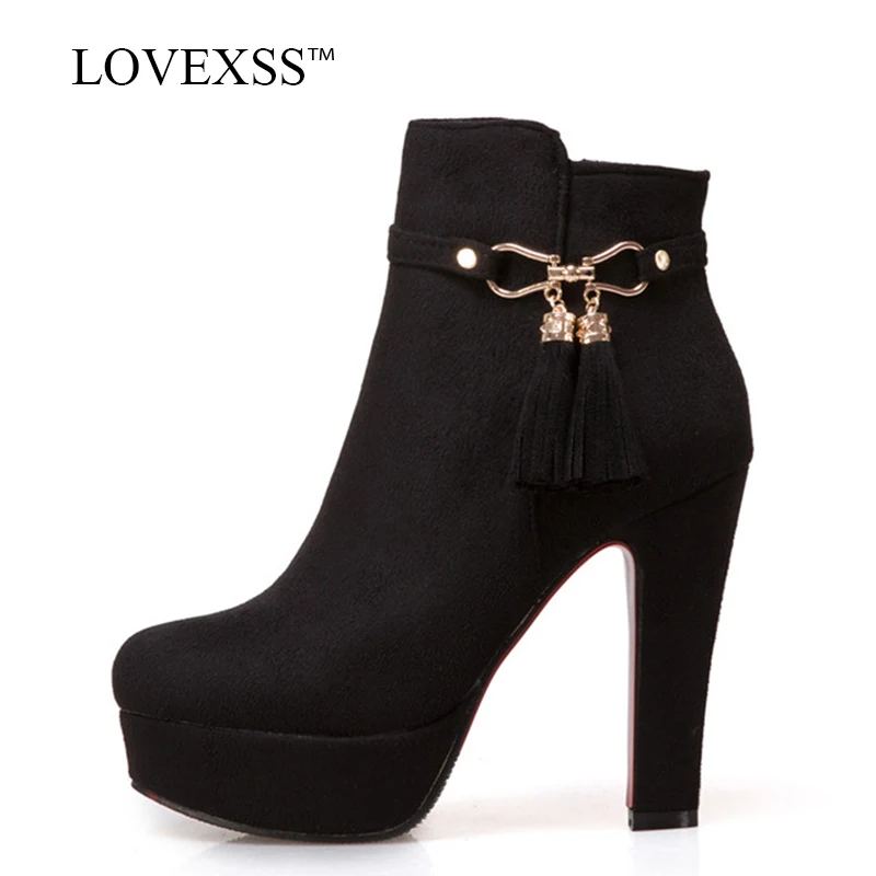 

LOVEXSS Woman Fashion Sexy Plus Size 33 43 Martin Boots Black High Heels Shoes Autumn Winter Metal Decoration Plush Ankle Boots